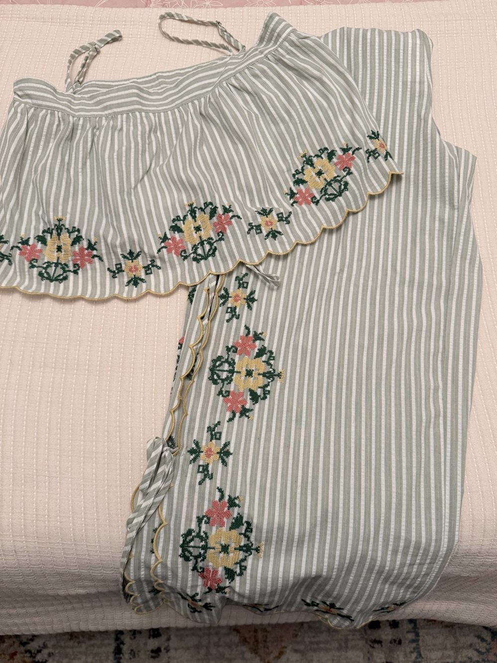 Miou Muse Striped Wide-Leg Pants/Tank set with Floral Embroidery - Green/White